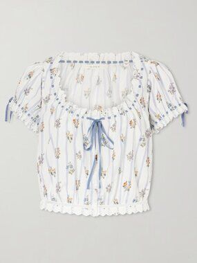 Doen Nera Top in Cream with Blue Stripes and Floral Print S
